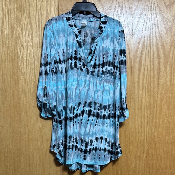Honeyme Tops - Honeyme Blue and Black Tie-Dye V-Neck Tunic